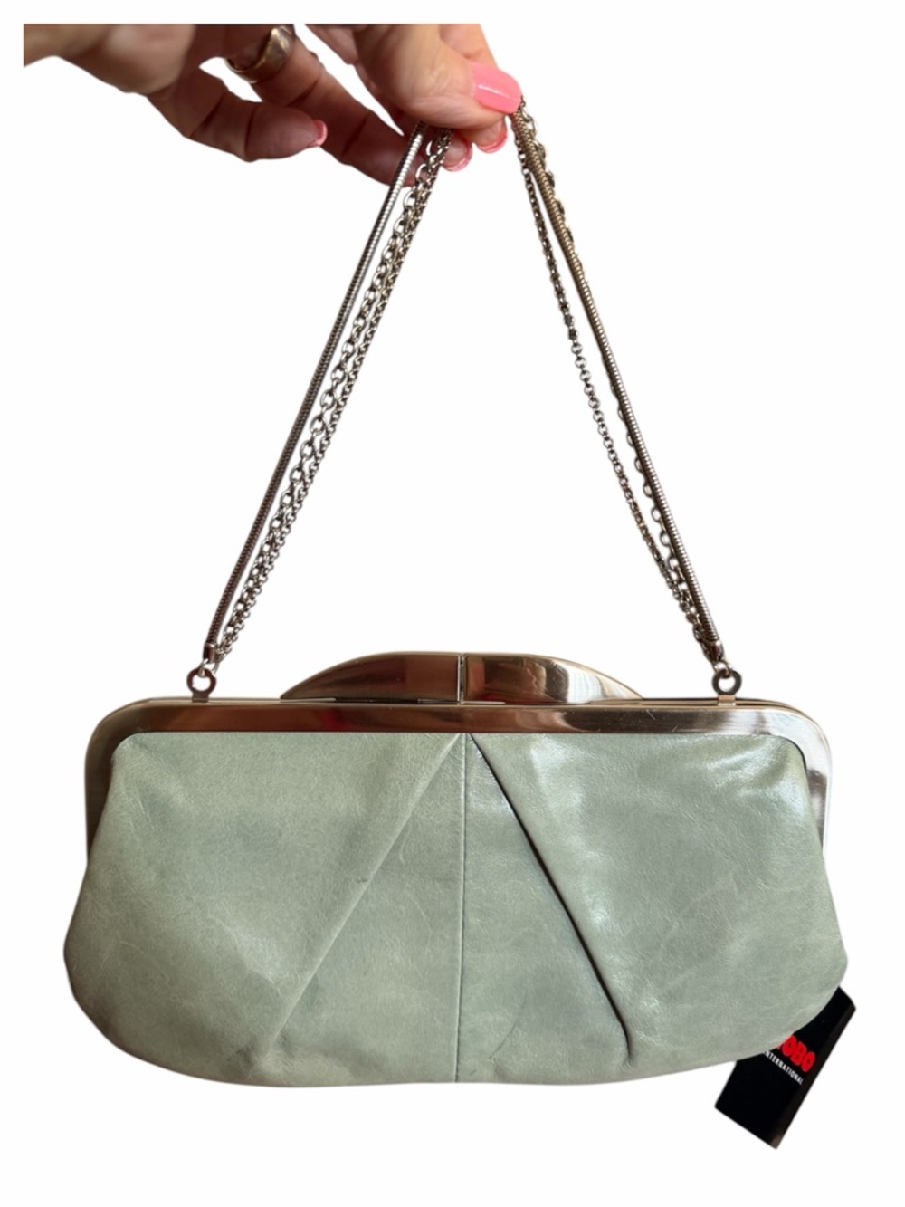 HOBO International Hayward Leather Frame Clutch Chain Bag Sage Green NWT